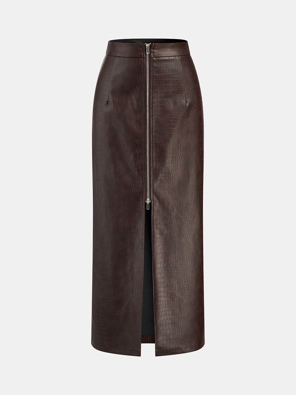 Crocodile Embossed Zipper Split Midi Skirt
