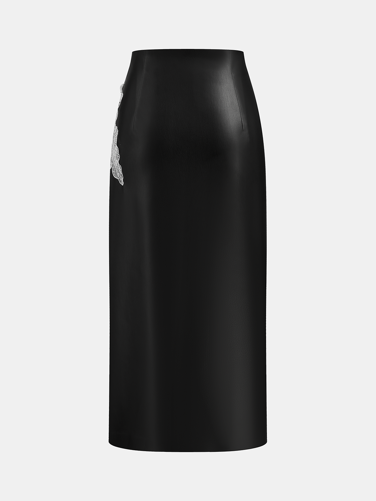Floral Embroidered Slit PU Midi Skirt