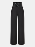Faux Leather Waistband Wide-Leg Pants with Belt