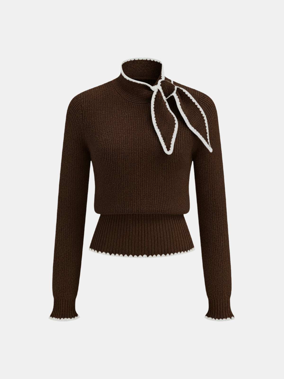 Mock Neck Tie Neck Contrast Stitch Sweater