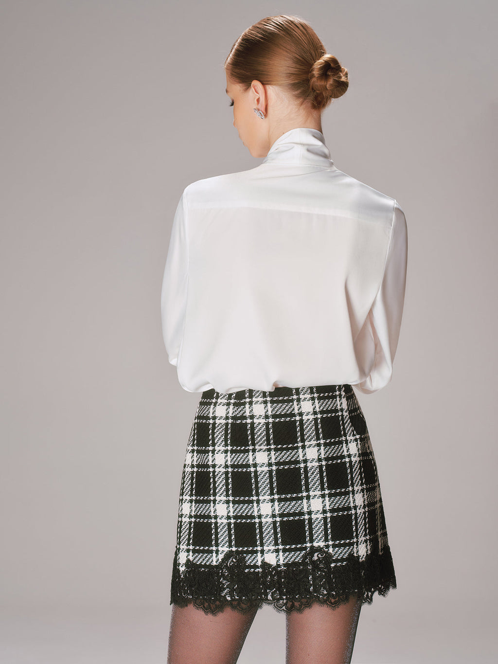 Lace Trim Plaid Tweed Mini Skirt