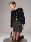 Button-Front Faux Mink Cropped Cardigan