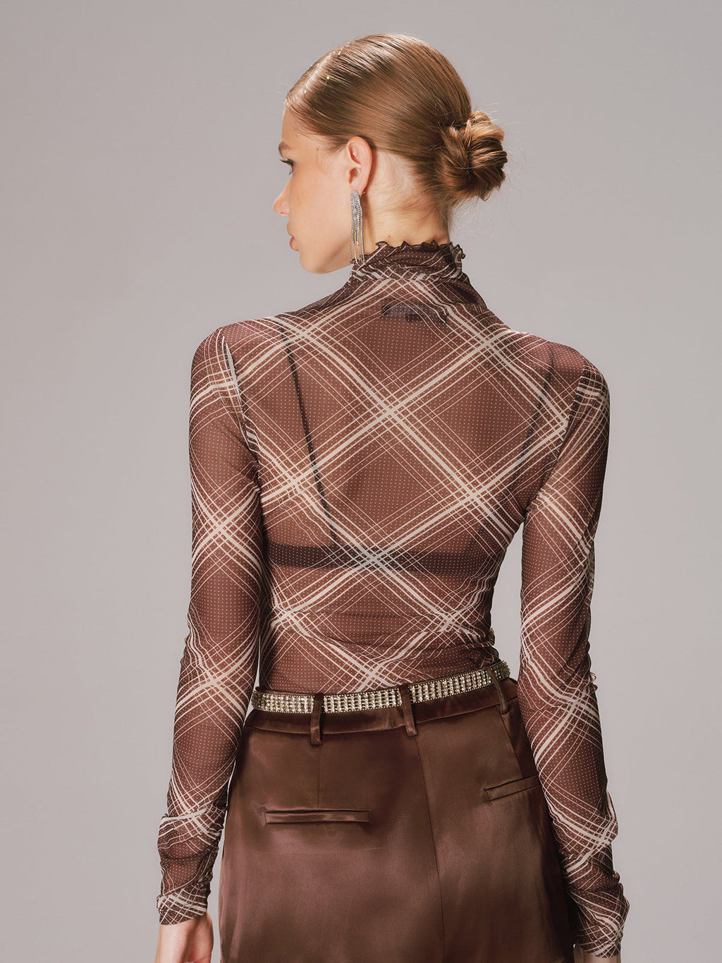 Turtleneck Sheer Mesh Plaid Long Sleeve Top