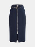 Belted Zip-Front Split Midi Skirt