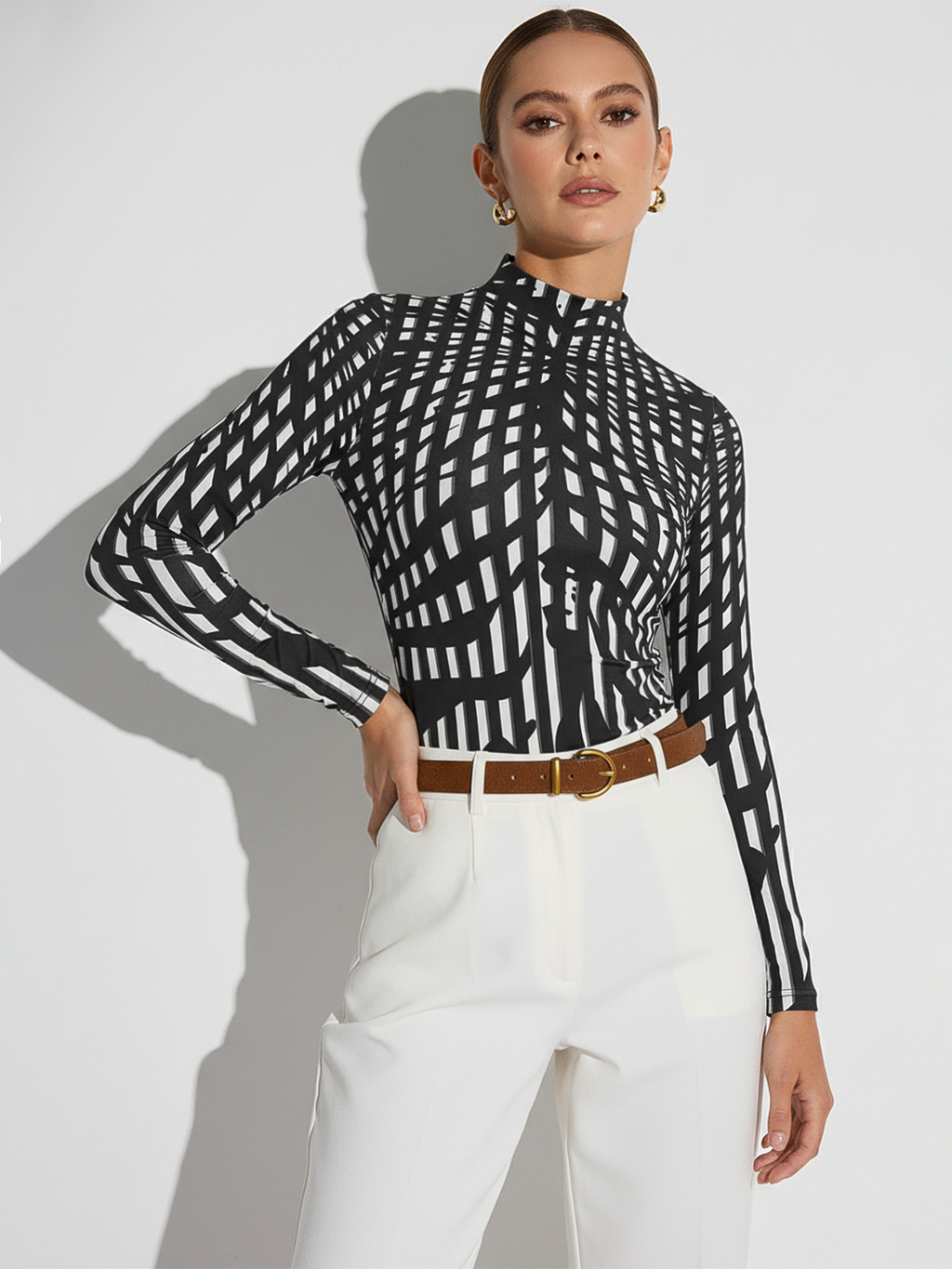 Geometric Print Mock Neck Long-Sleeve Top