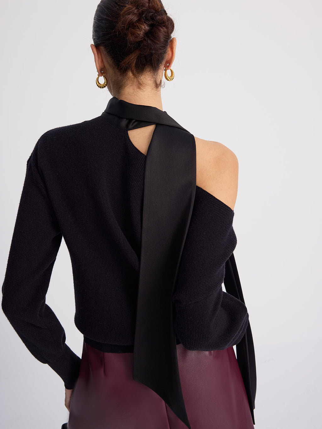 Tie-Detail Cold-Shoulder Knit Sweater