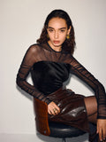Velvet-Mesh Panel Long-Sleeve Top