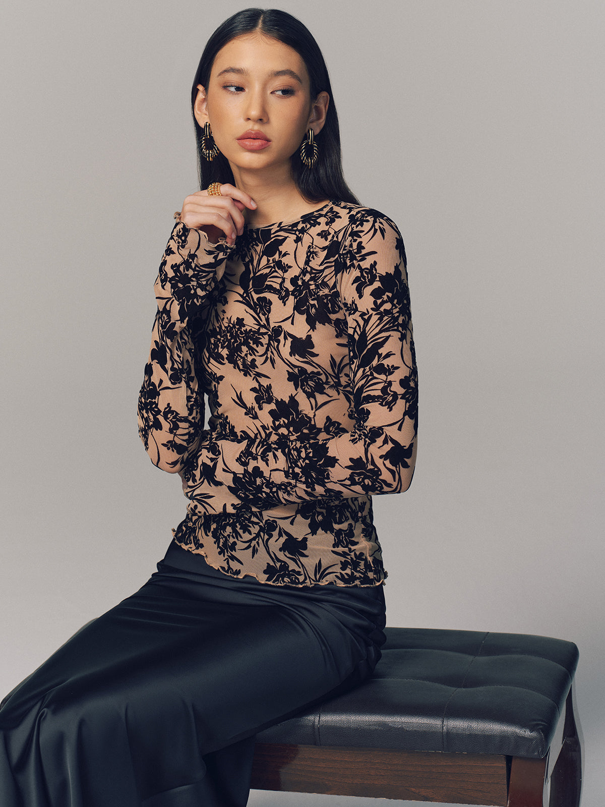 Flocked Sheer Mesh Long Sleeve Top