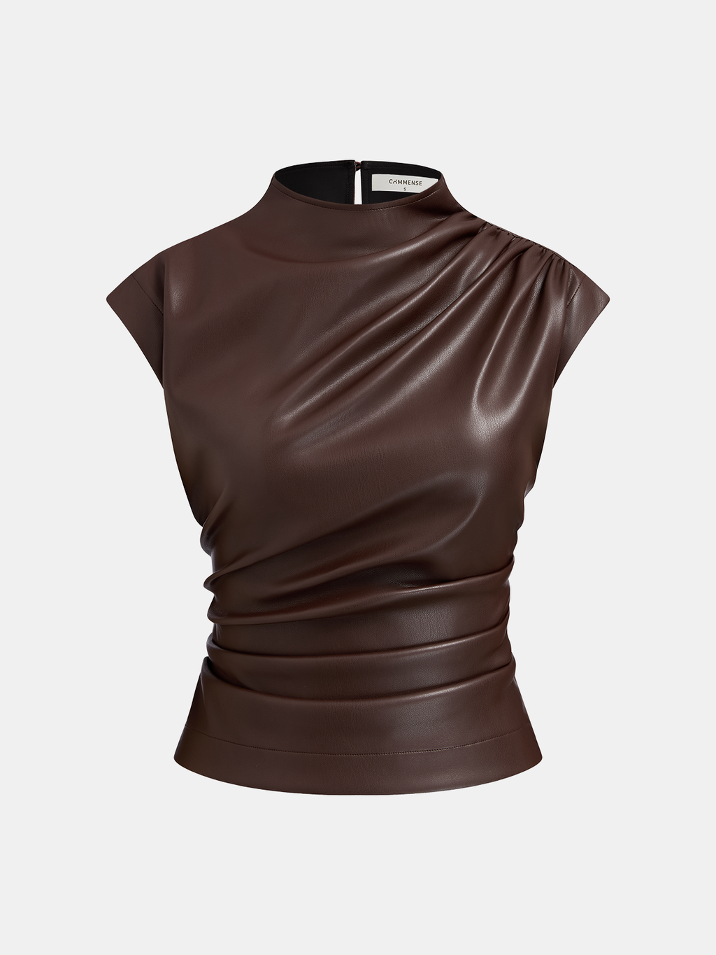 Mock Neck Ruched Cap-Sleeve Faux Leather Top