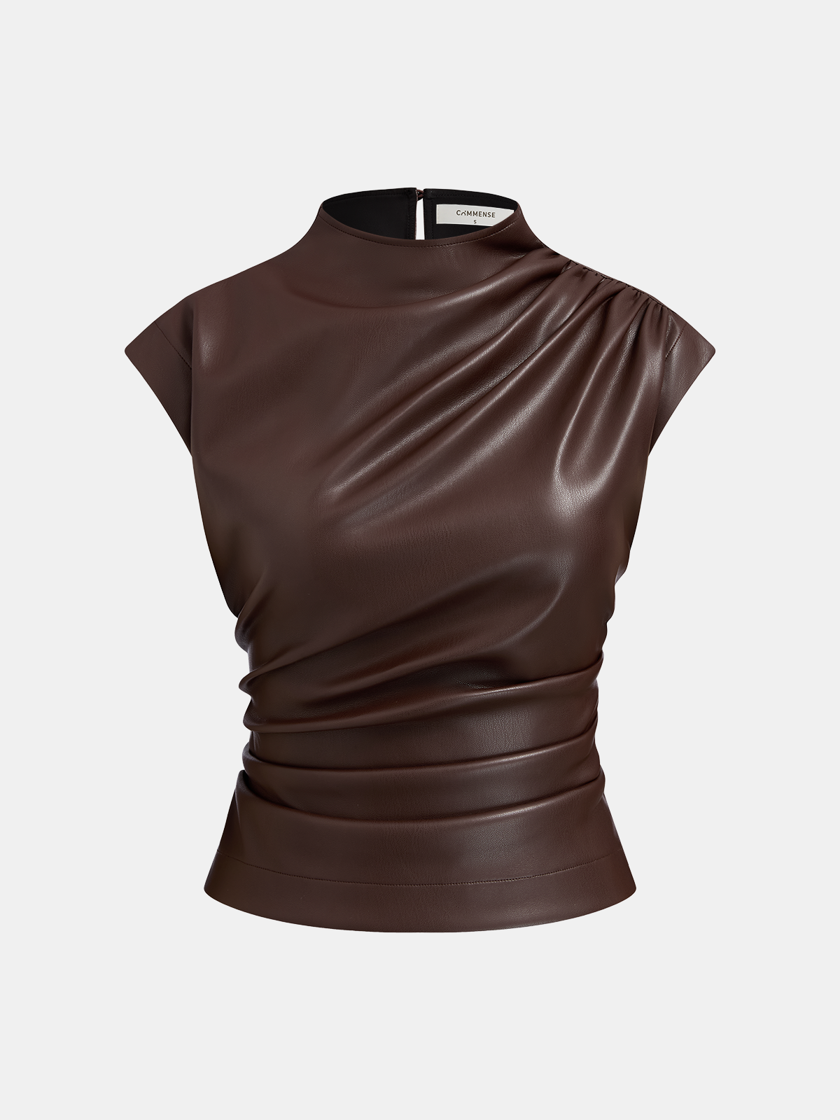 Mock Neck Ruched Cap-Sleeve Faux Leather Top