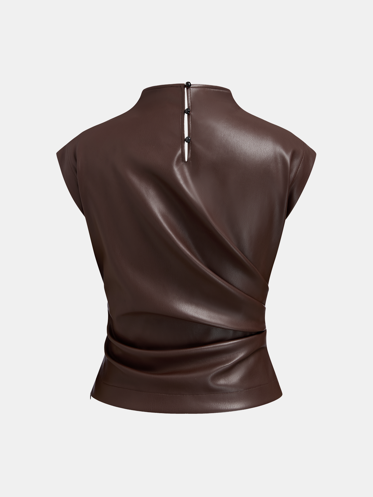 Mock Neck Ruched Cap-Sleeve Faux Leather Top