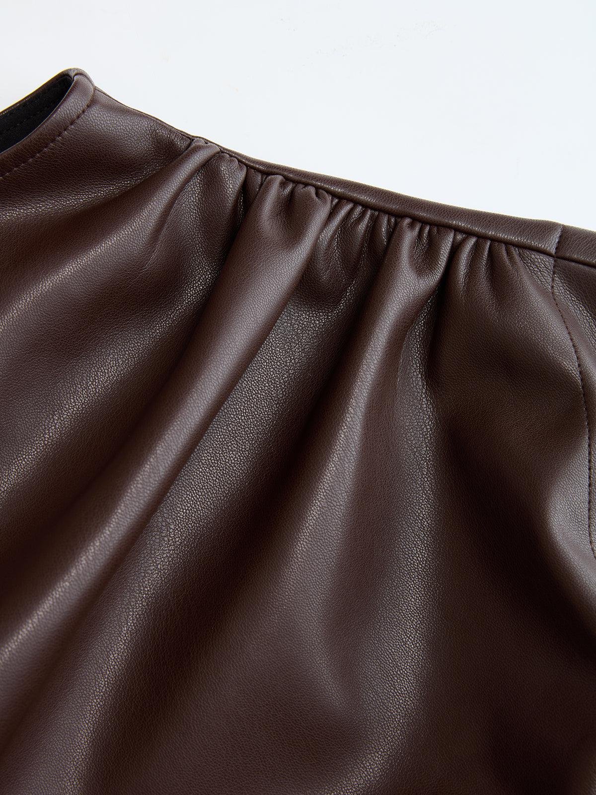 Mock Neck Ruched Cap-Sleeve Faux Leather Top
