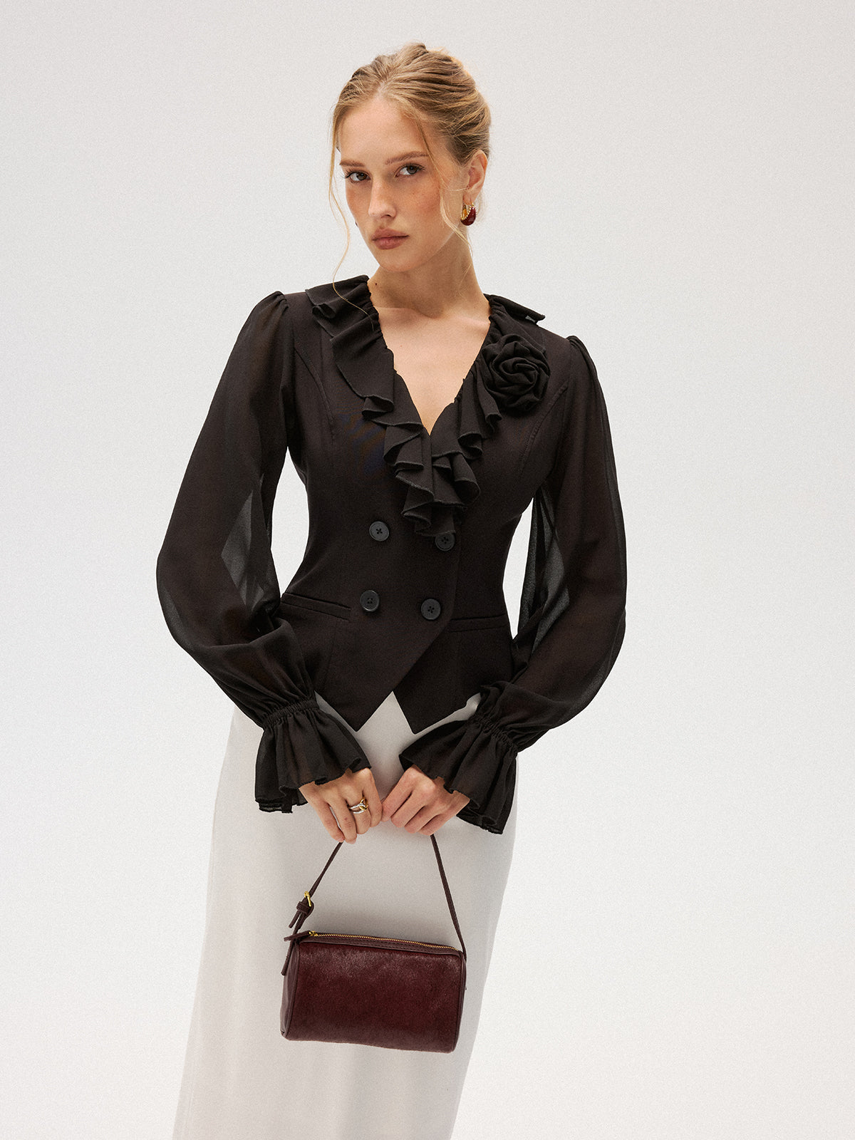 Chiffon Ruffle Rose Double-Breasted Blouse
