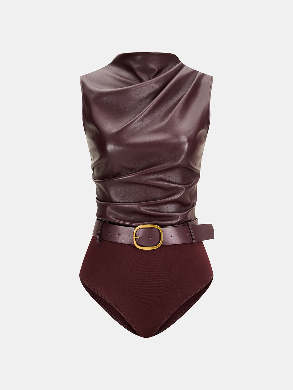 Belted Ruched Sleeveless Faux Leather Bodysuit