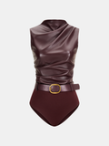 Belted Ruched Sleeveless Faux Leather Bodysuit