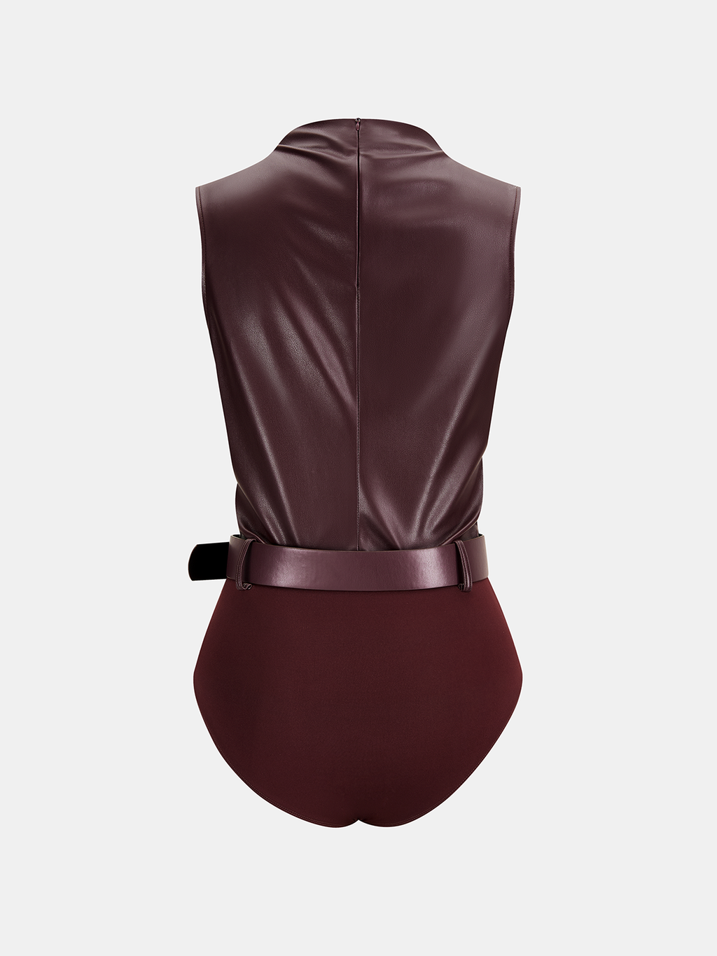 Belted Ruched Sleeveless Faux Leather Bodysuit