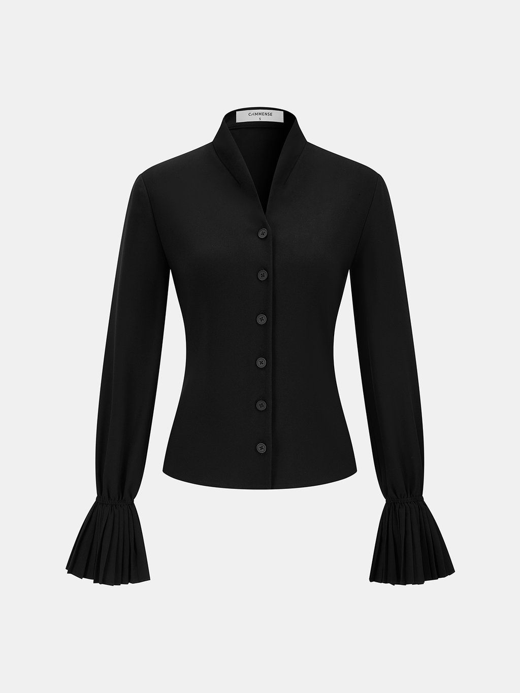 Stand Collar Pleated Cuff Button-Front Blouse