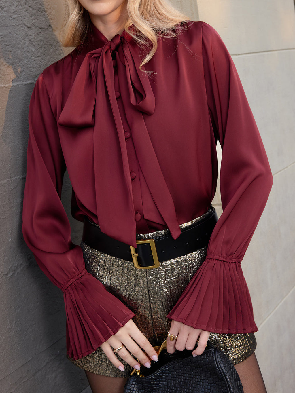 Satin Tie-Neck Bell-Cuff Blouse