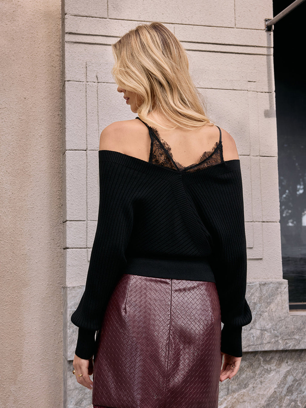 Wool-Blend Lace Panel Batwing-Sleeve Sweater