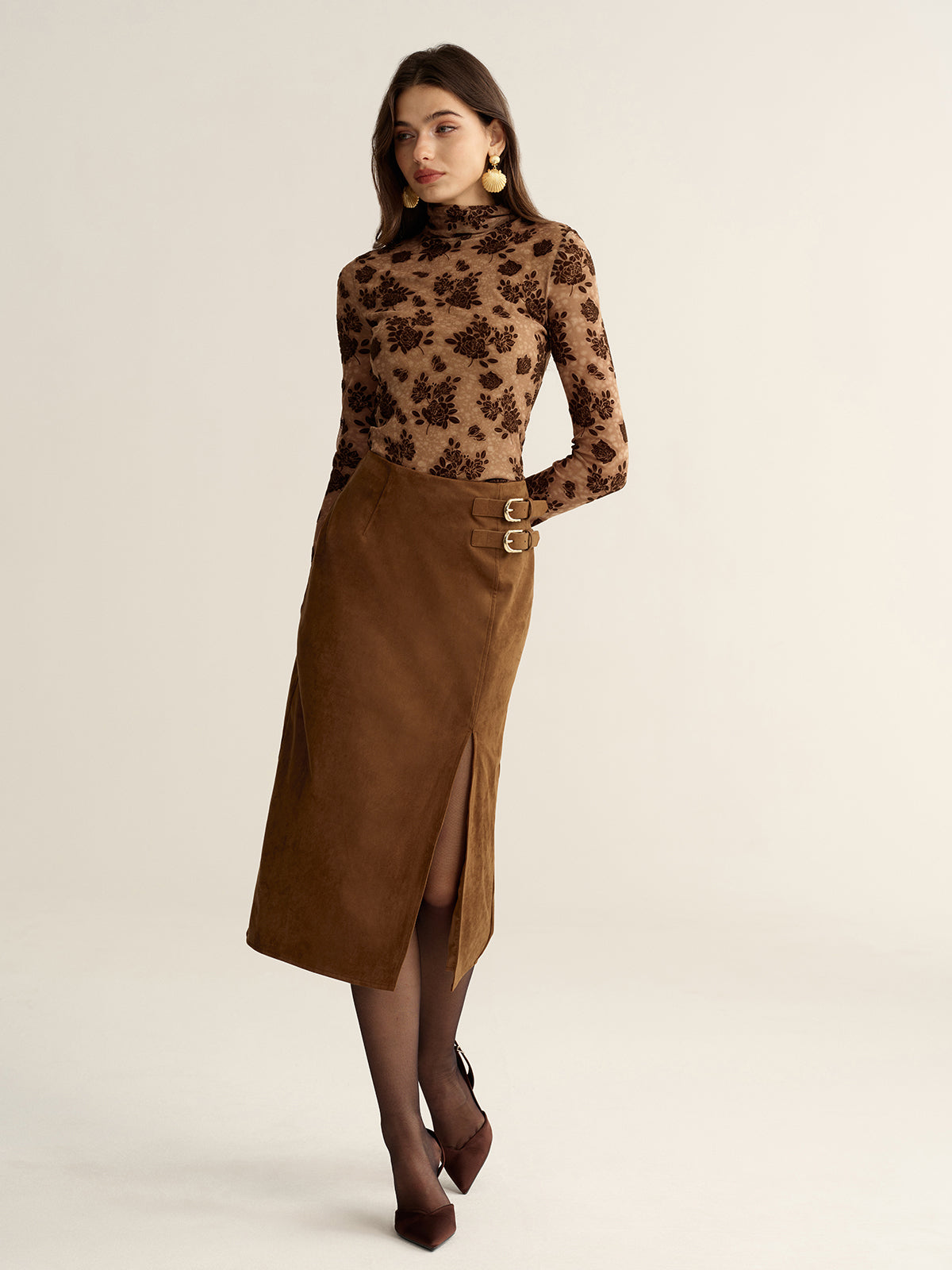 Buckle Detail Side Slit Suede Effect Maxi Skirt