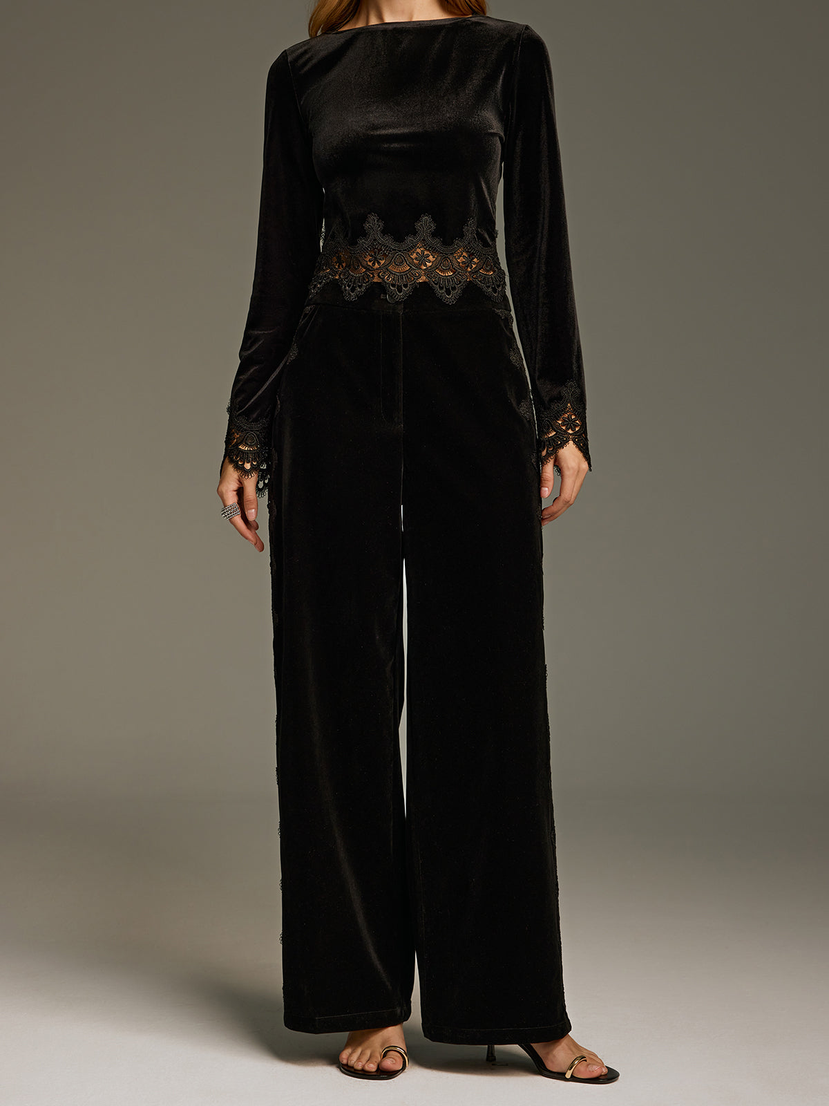 Side Lace Panel Velvet Straight-Leg Pants