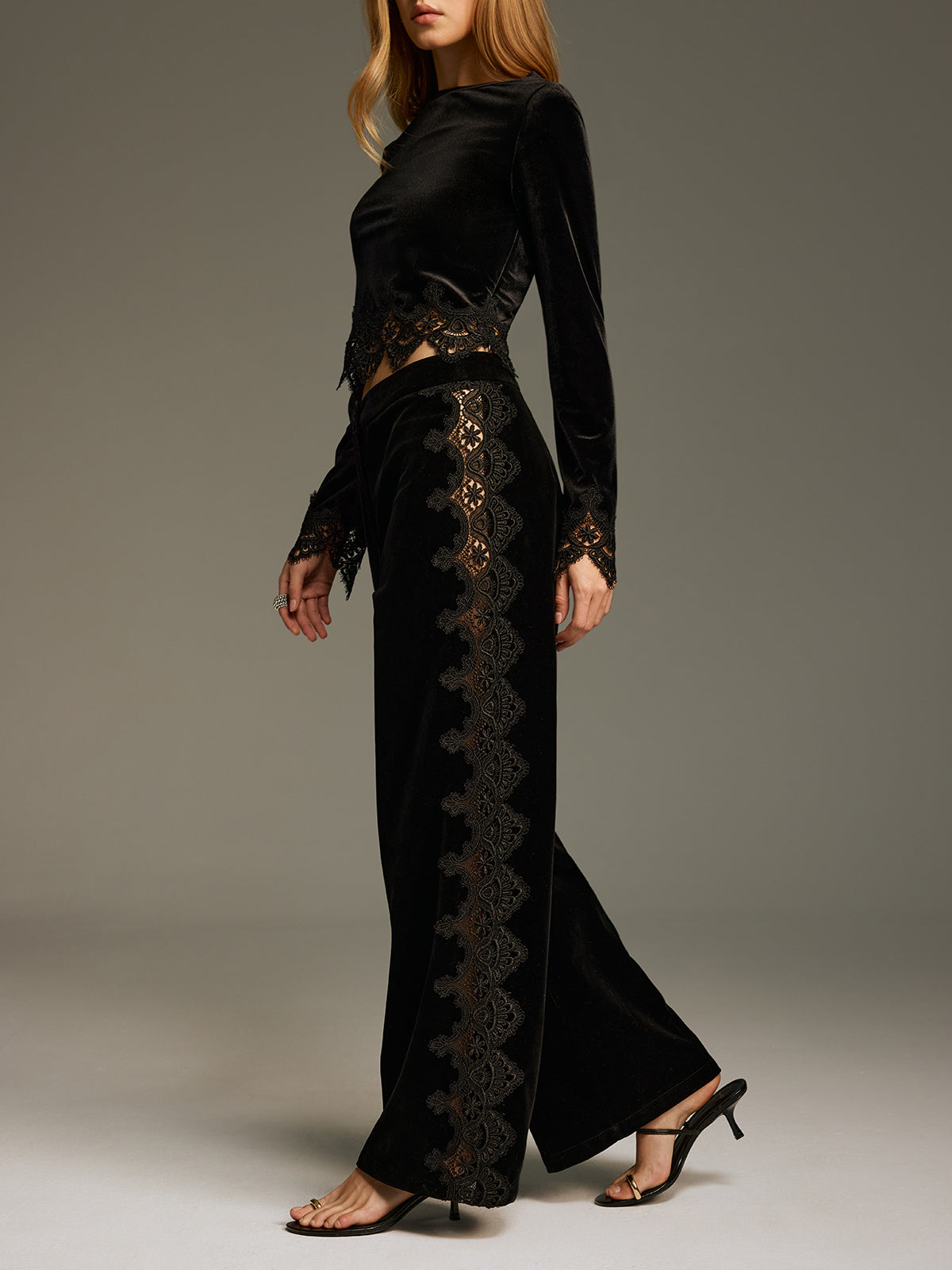 Side Lace Panel Velvet Straight-Leg Pants