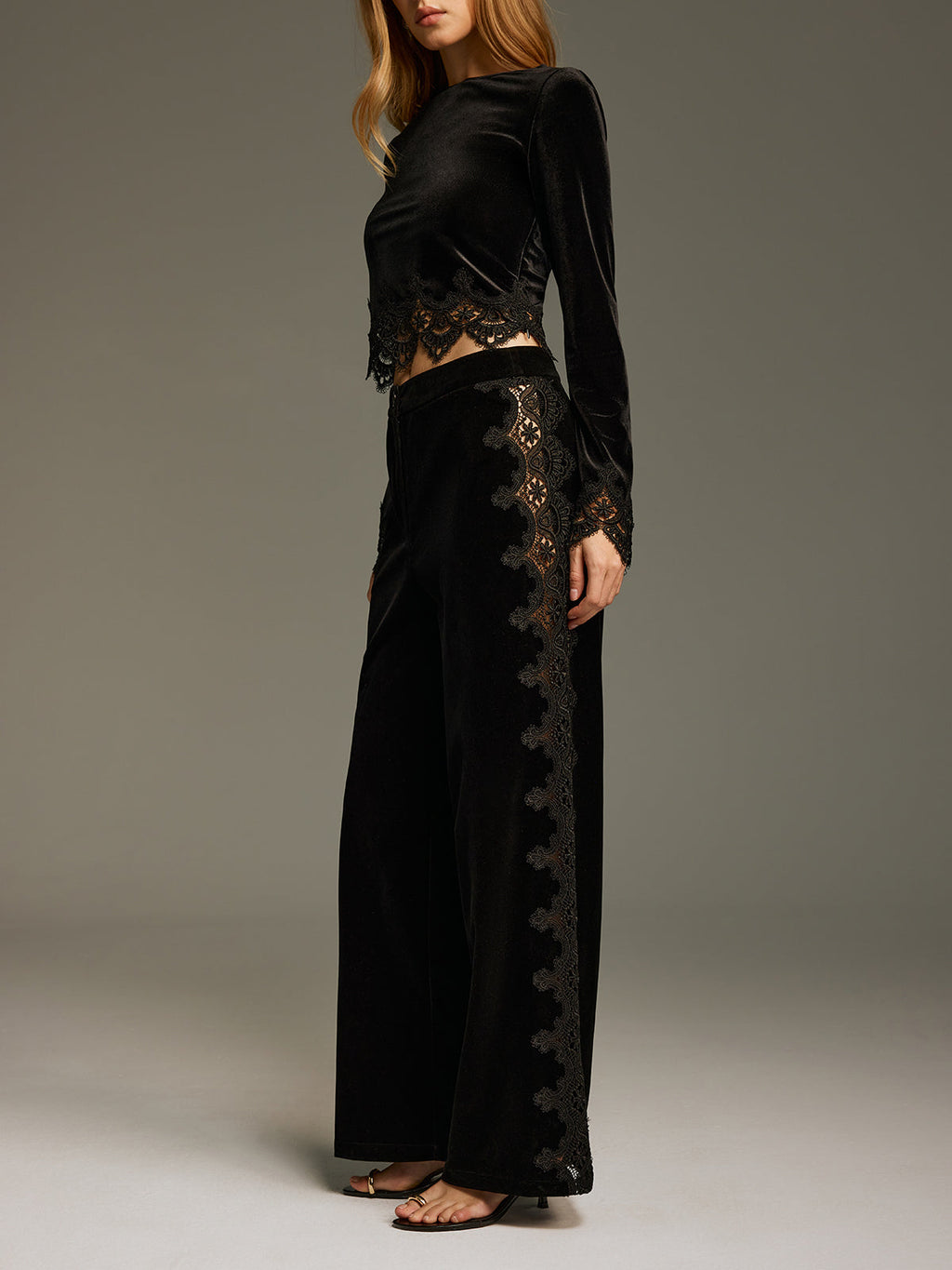Side Lace Panel Velvet Straight-Leg Pants