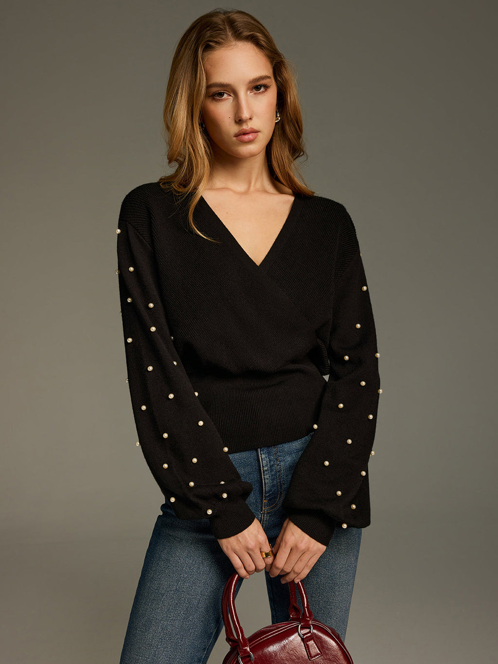 V-Neck Pearl Embellished Sweater
