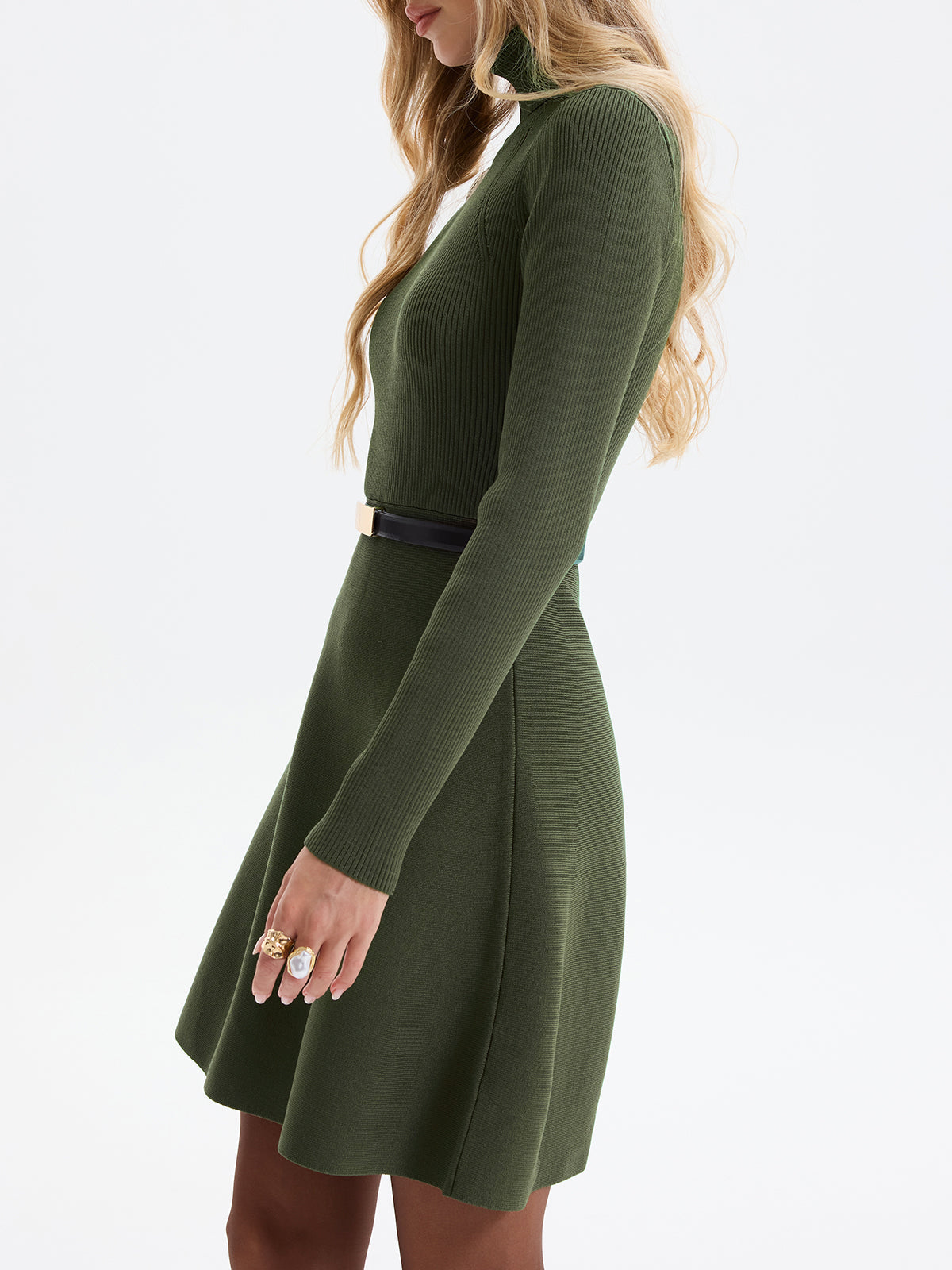 Belted Ribbed Turtleneck Knit Mini Dress