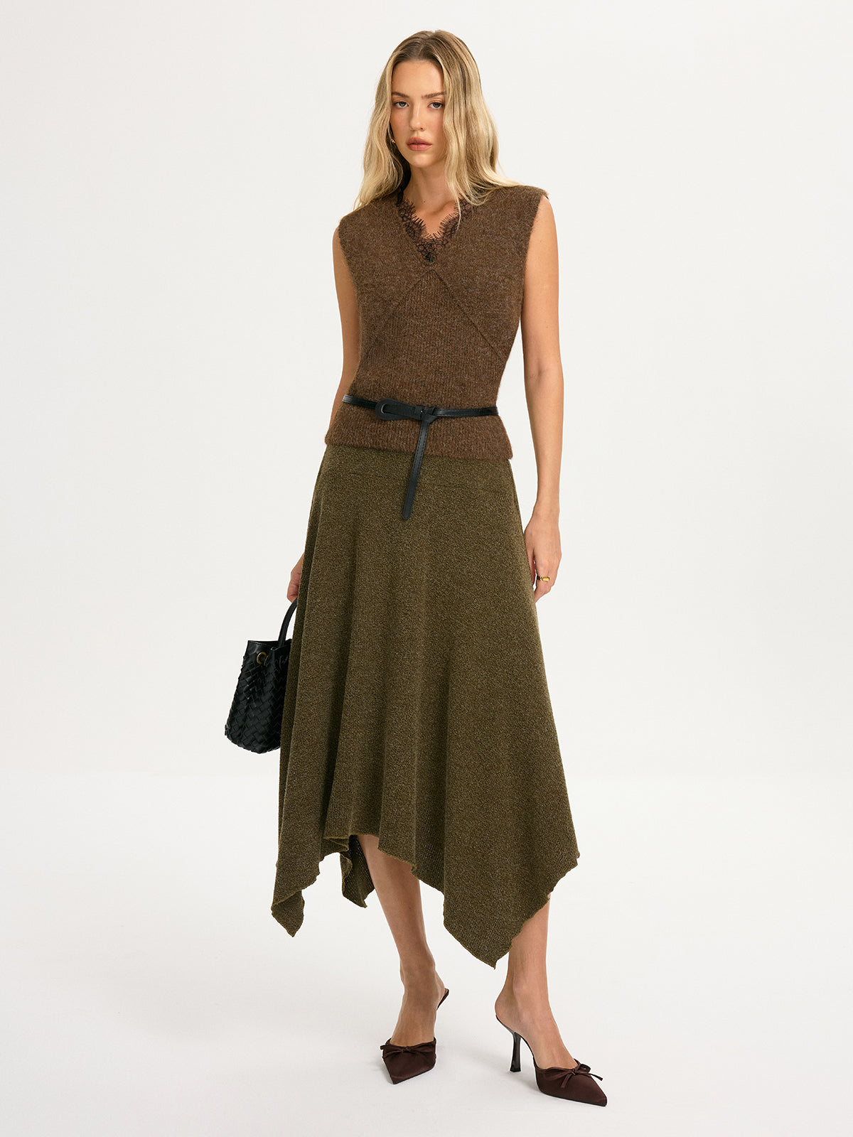 Lace Trim Knit Sleeveless Vest without Belt