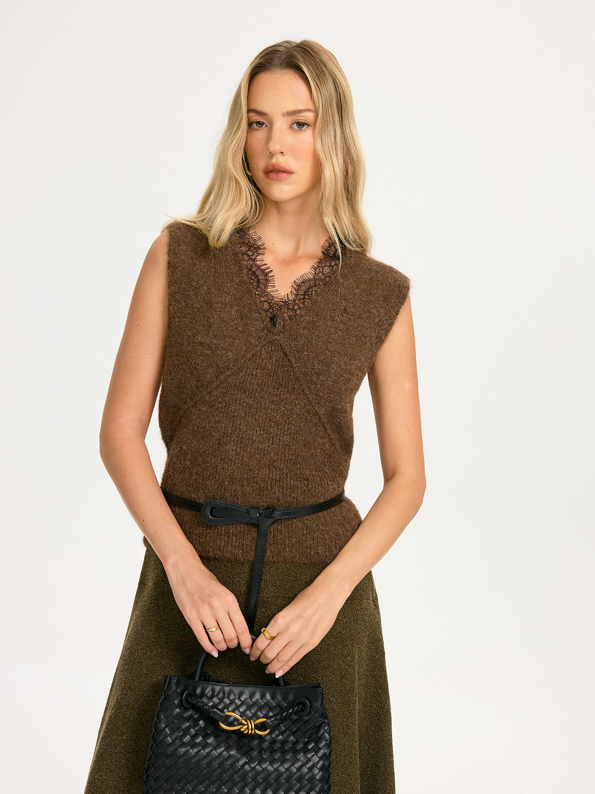 Lace Trim Knit Sleeveless Vest without Belt
