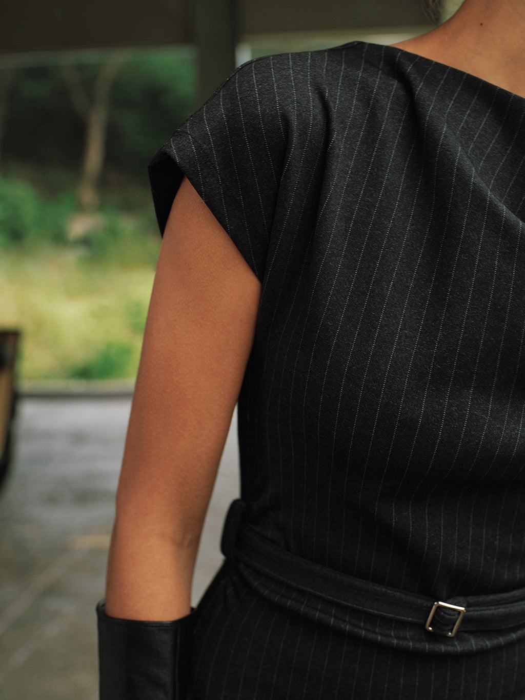 Pinstripe Cap-Sleeve Belted Maxi Dress