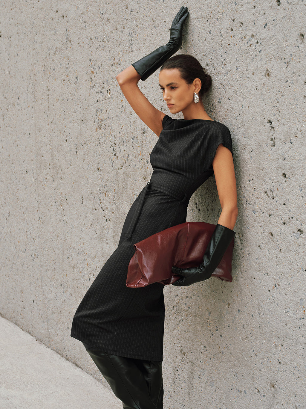 Pinstripe Cap-Sleeve Belted Maxi Dress