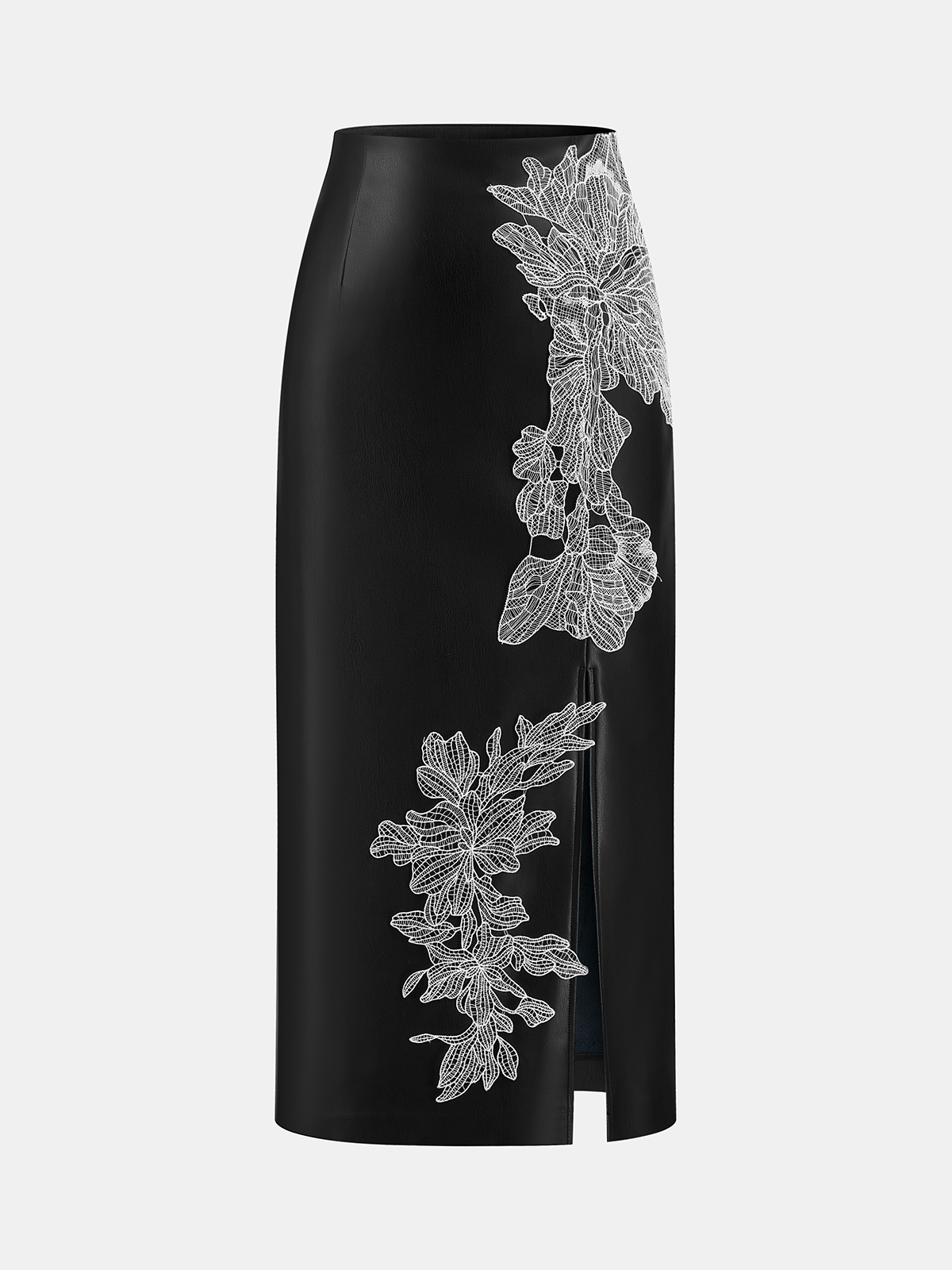 Floral Embroidered Slit PU Midi Skirt
