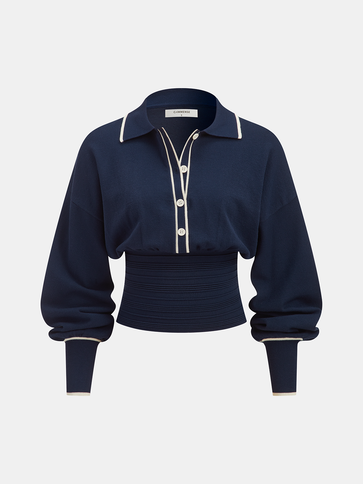 Contrast-Trim Cinched-Waist Knit Top