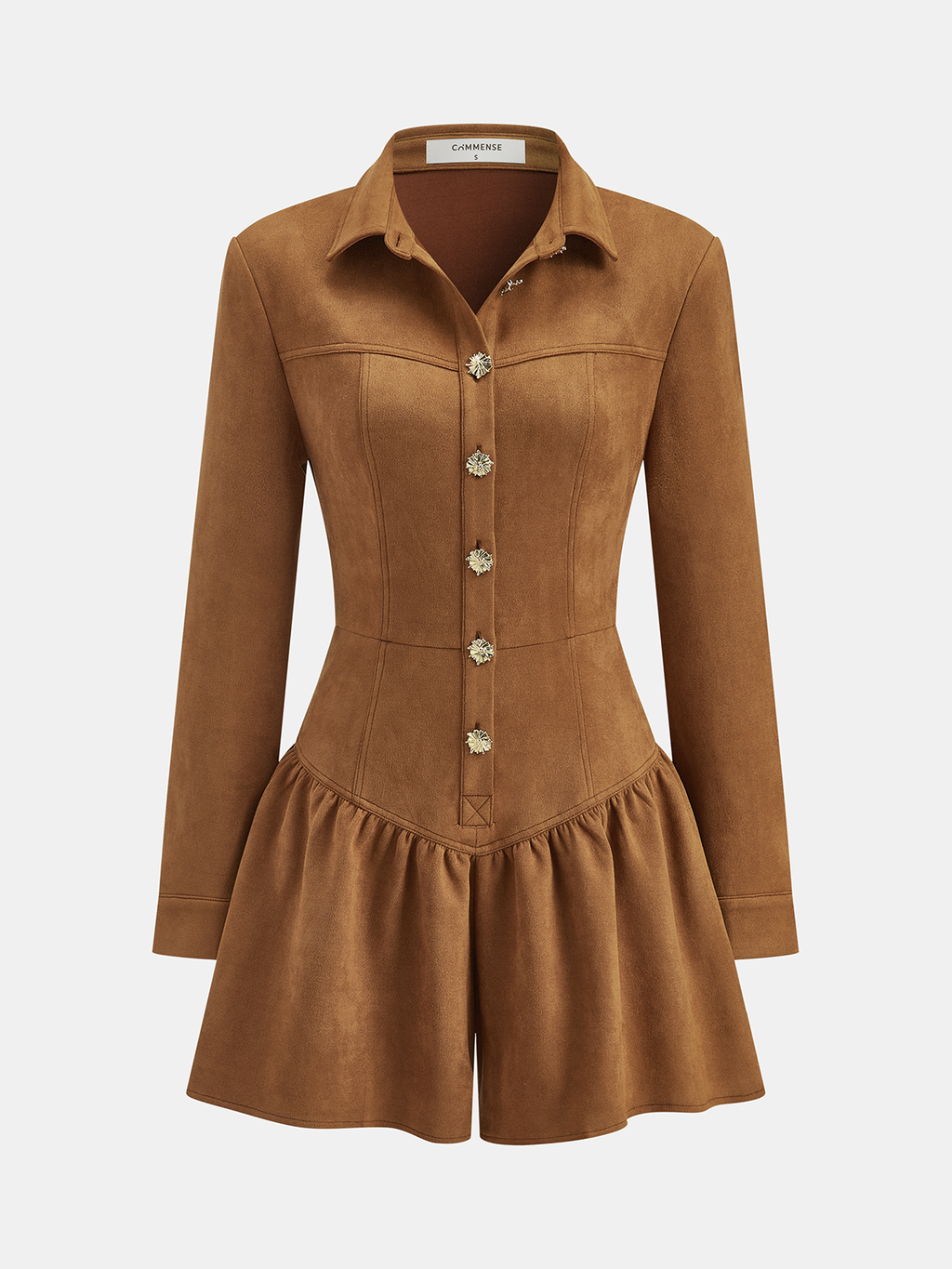 Suede Long-Sleeve Button-Front Jumpsuit