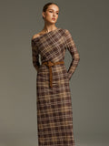 Plaid Mesh Off-Shoulder Maxi Dress without Belt
