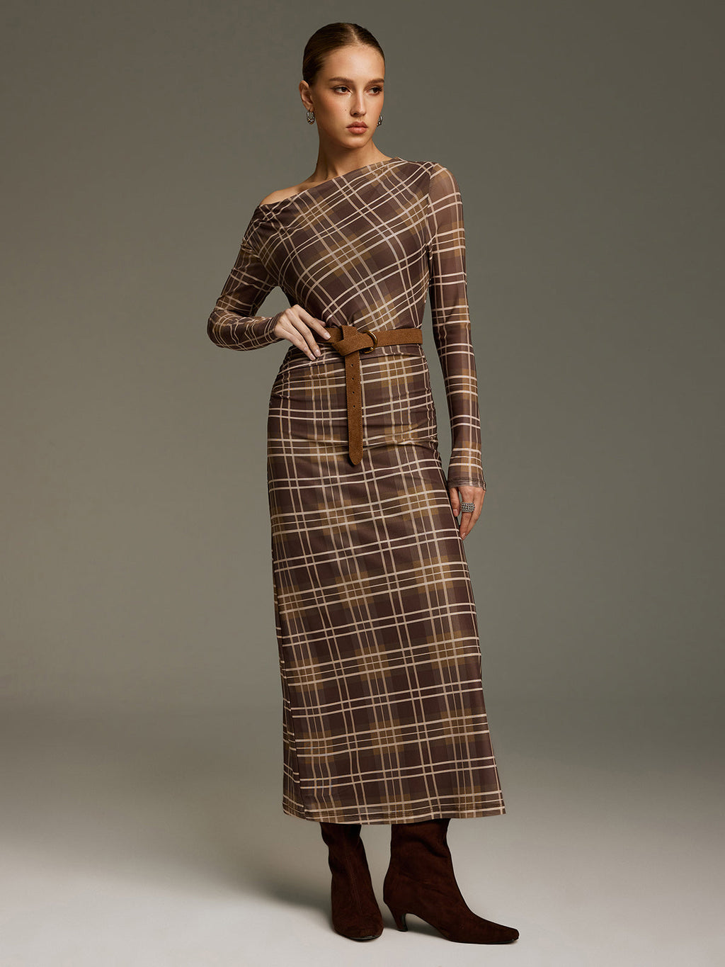 Plaid Mesh Off-Shoulder Maxi Dress without Belt