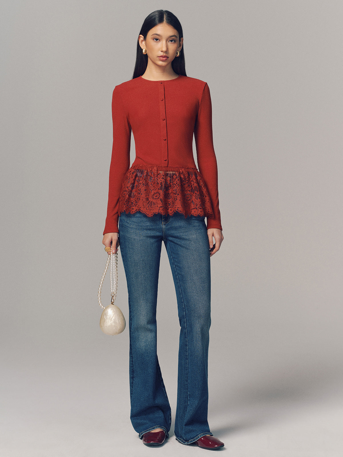 Lace Hem Ribbed  Long Sleeve Top