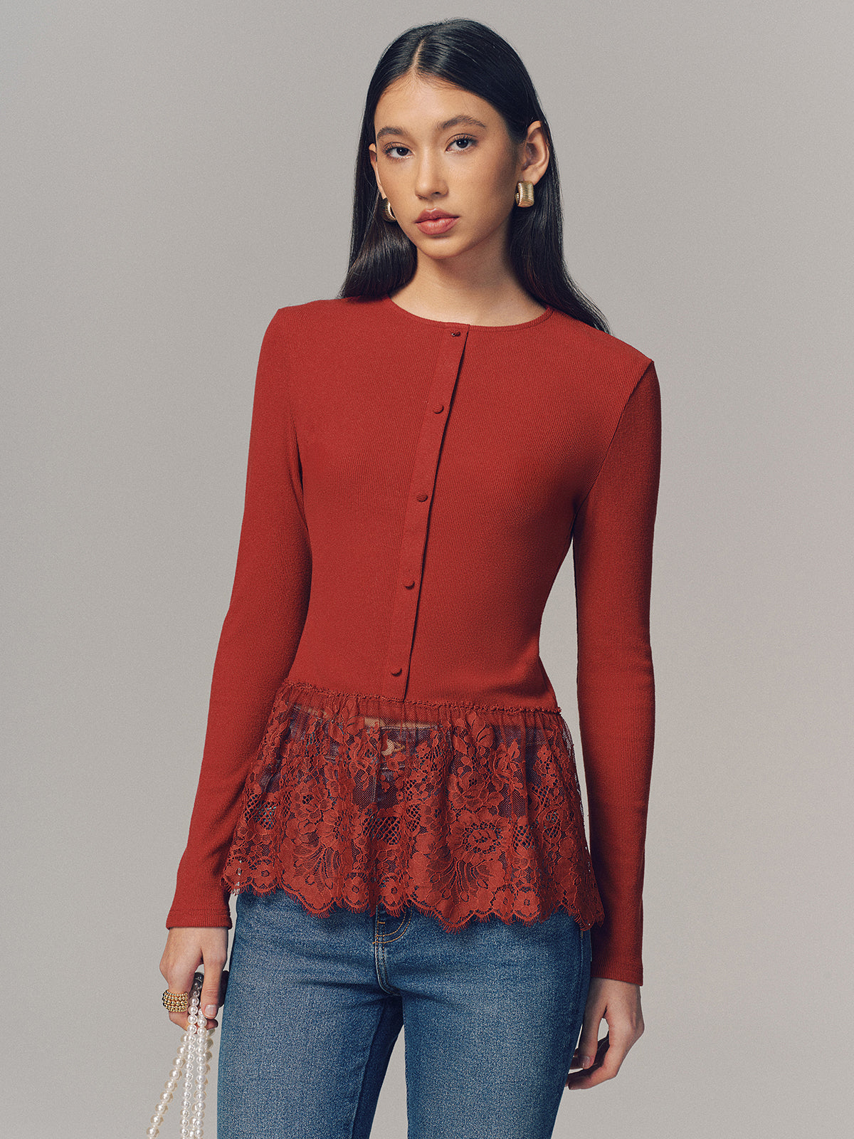 Lace Hem Ribbed  Long Sleeve Top