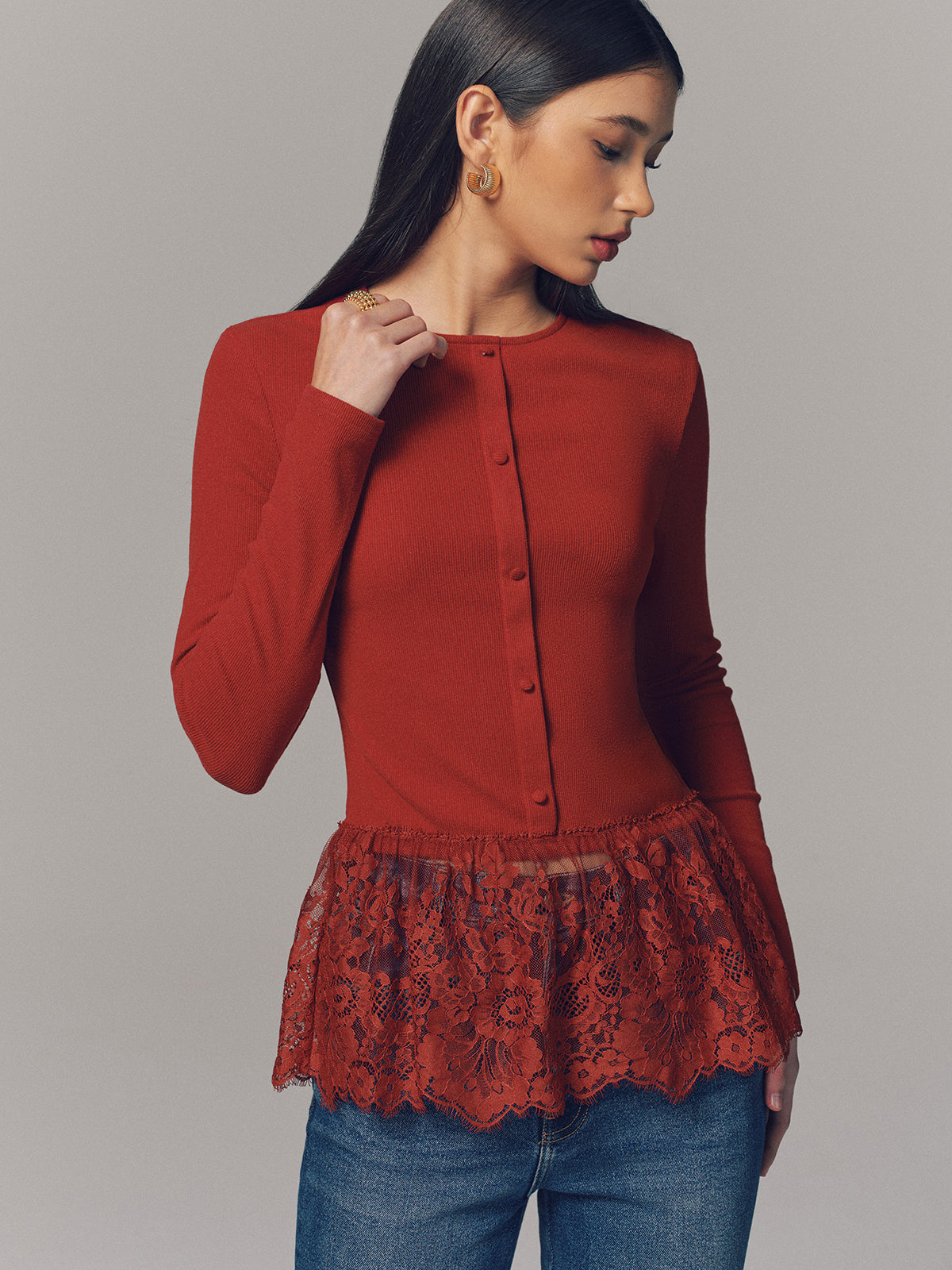 Lace Hem Ribbed  Long Sleeve Top