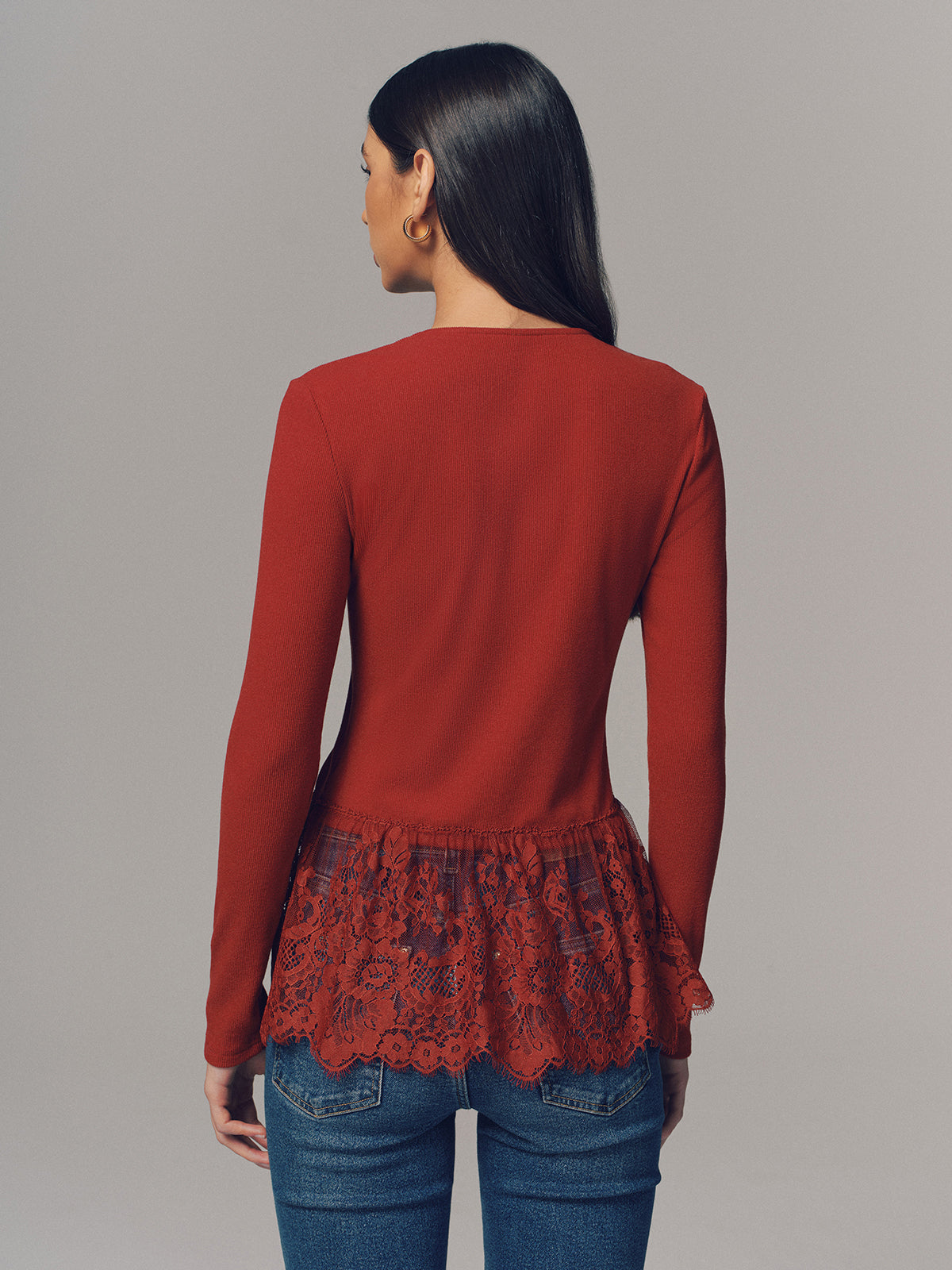 Lace Hem Ribbed  Long Sleeve Top