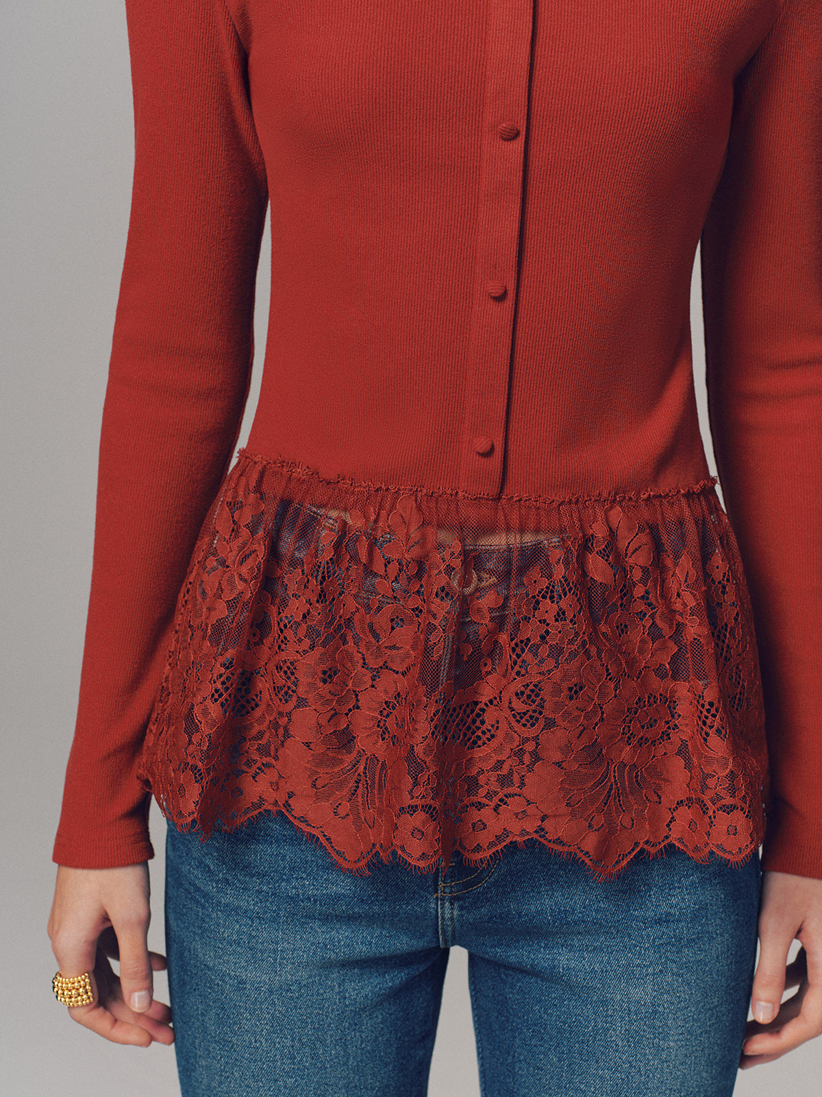 Lace Hem Ribbed  Long Sleeve Top