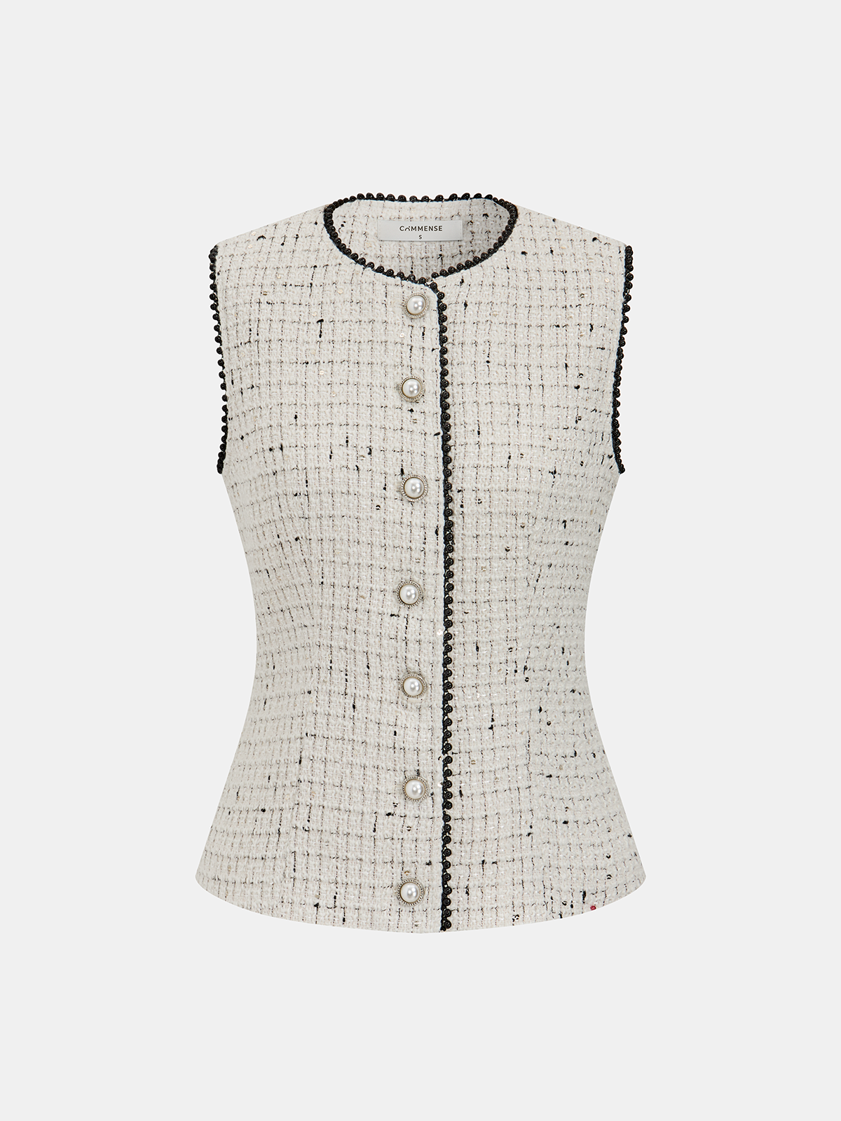 Contrast Trim Pearl Button Tweed Sleeveless Vest