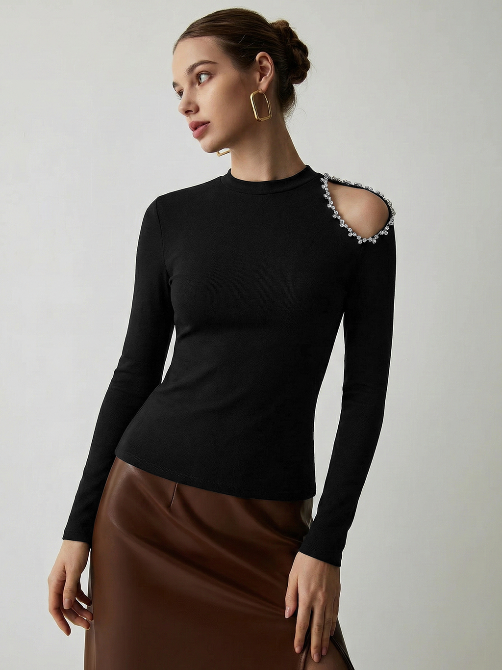 Crystal Detail Cold Shoulder Long-Sleeve Top