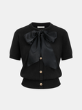 Decorative Button Bow Short-Sleeve Sweater