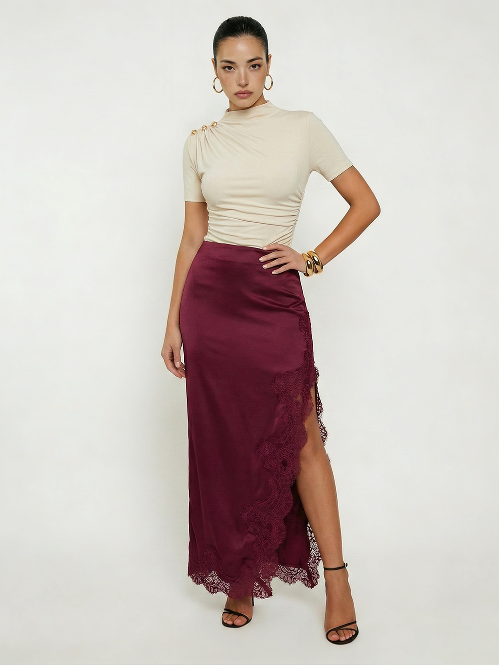 Metal Detail Mock Neck Ruched Bodysuit