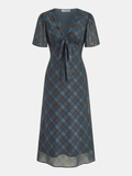 Tie-Front Plaid Chiffon Midi Dress