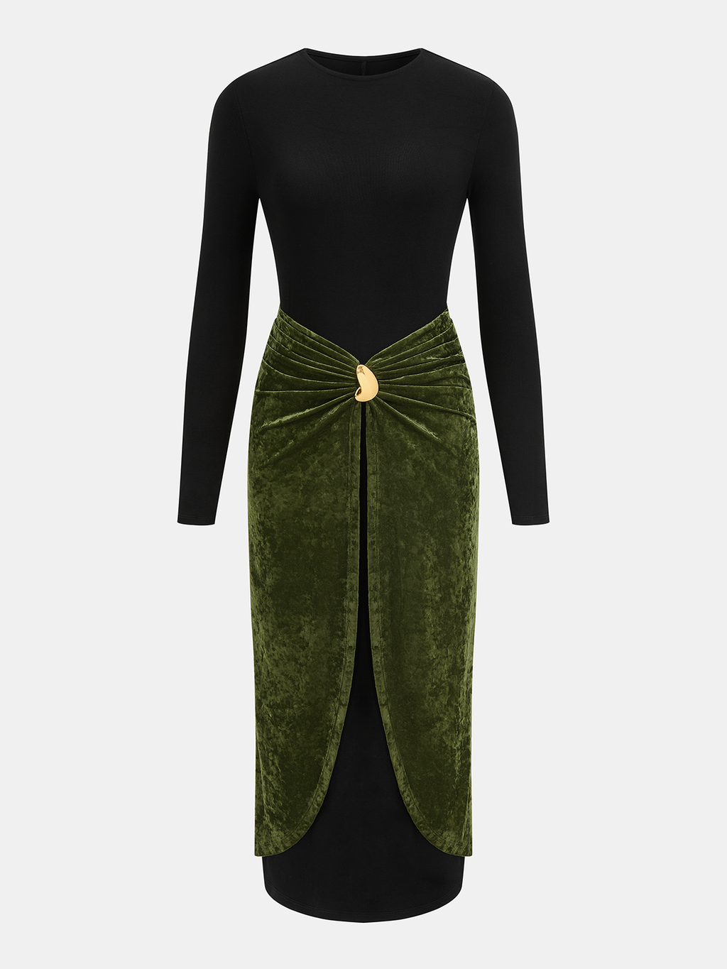 Metal Detail Color-Block Velvet Panel Dress