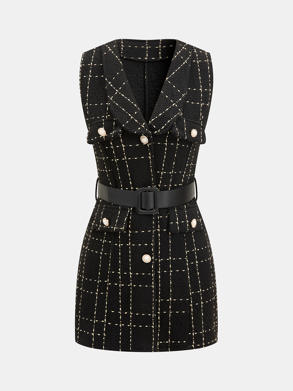 Belted Plaid Tweed Sleeveless Mini Dress